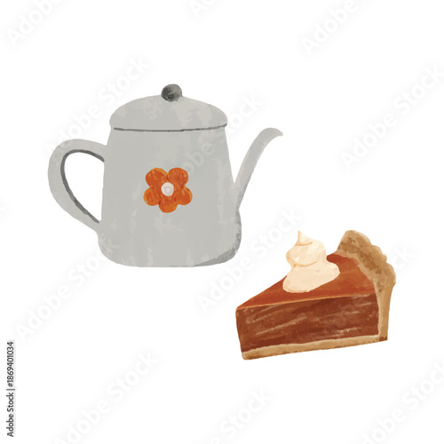Cozy Autumn Tea Time Illustration with Teapot and Cake
