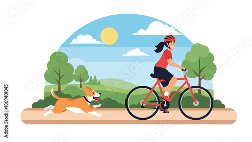 Flat vector illustration of a dog running beside a cyclist, active outdoor lifestyle scene showing fitness, companionship, and motion