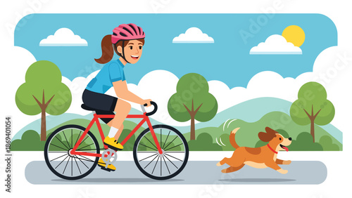 Flat vector illustration of a dog running beside a cyclist, active outdoor lifestyle scene showing fitness, companionship, and motion
