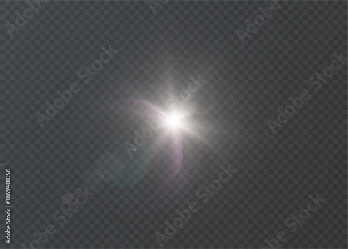 Bright white flare with star-shaped dispersion and soft circles of glare. Vector light effect isolated on a transparent background for photo composition, cinematic flare, and abstract backgrounds.