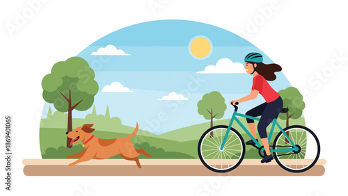 Flat vector illustration of a dog running beside a cyclist, active outdoor lifestyle scene showing fitness, companionship, and motion