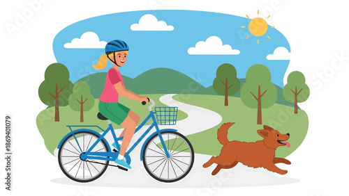 Flat vector illustration of a dog running beside a cyclist, active outdoor lifestyle scene showing fitness, companionship, and motion