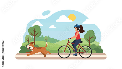 Flat vector illustration of a dog running beside a cyclist, active outdoor lifestyle scene showing fitness, companionship, and motion