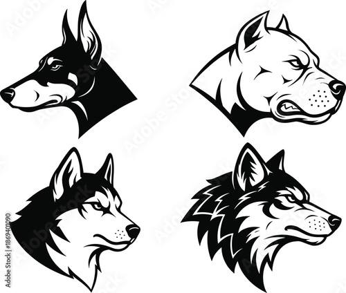 Stylized vector illustration of Doberman, Pit Bull, Husky, and Wolf heads in black and white for tattoo, logo, or design.