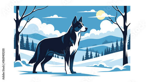 Vector illustration of a dog standing in a snowy landscape, winter wildlife-style scene with alert posture and cold seasonal atmosphere