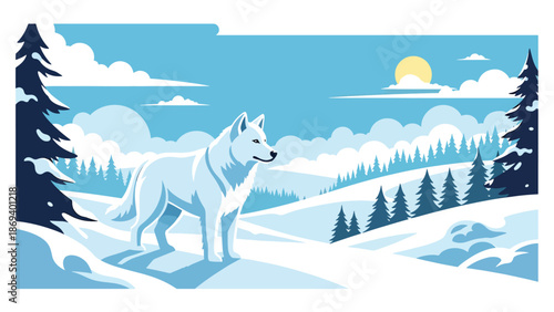 Vector illustration of a dog standing in a snowy landscape, winter wildlife-style scene with alert posture and cold seasonal atmosphere