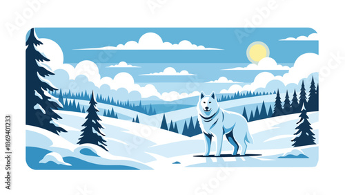 Vector illustration of a dog standing in a snowy landscape, winter wildlife-style scene with alert posture and cold seasonal atmosphere