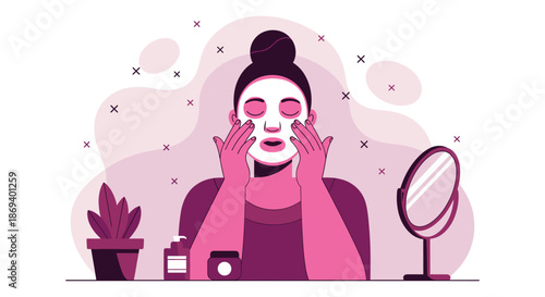 Woman Applying Facial Mask and Skincare.