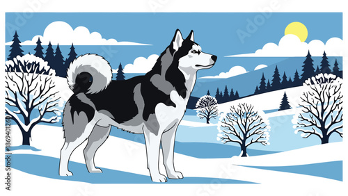 Vector illustration of a dog standing in a snowy landscape, winter wildlife-style scene with alert posture and cold seasonal atmosphere