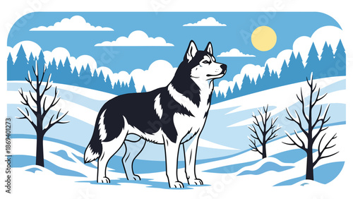 Vector illustration of a dog standing in a snowy landscape, winter wildlife-style scene with alert posture and cold seasonal atmosphere