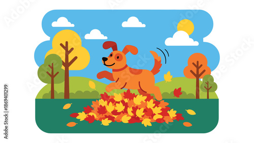 Vector illustration of a dog playing in fallen autumn leaves, seasonal pet activity scene with warm colors and joyful outdoor behavior