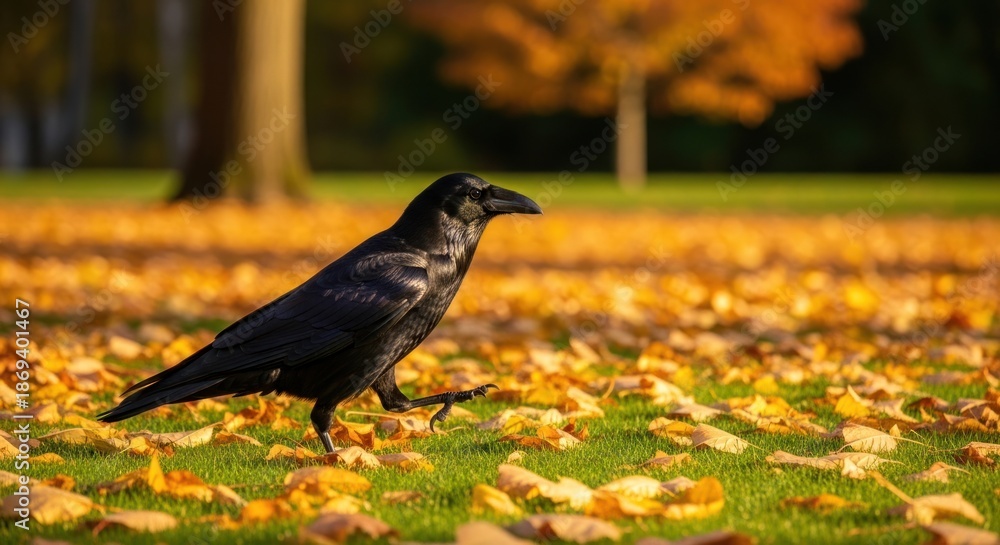 Fototapeta premium Black Crow Standing on Autumn Leaves.