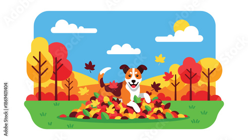 Vector illustration of a dog playing in fallen autumn leaves, seasonal pet activity scene with warm colors and joyful outdoor behavior