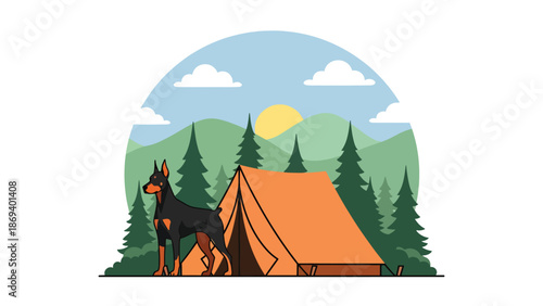 Flat vector illustration of a dog guarding a campsite, outdoor adventure pet scene with tent, forest, and calm protective mood