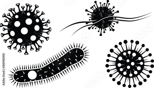Stylized virus and bacteria vector icons in black and white for scientific, medical, educational, and microbiology-themed digital design use.