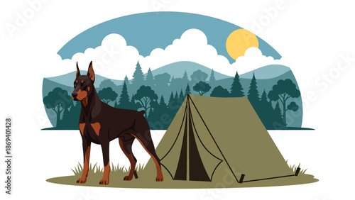 Flat vector illustration of a dog guarding a campsite, outdoor adventure pet scene with tent, forest, and calm protective mood
