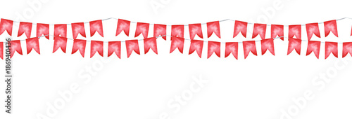 Set of watercolor garland, red flags illustration. Red flag buntings seamless border. Hand painted sketchy drawing on white background, cut out clip art hearts for valentines day design.