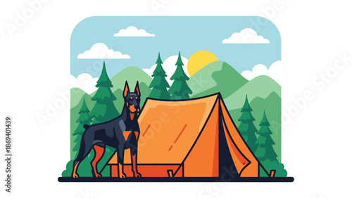 Flat vector illustration of a dog guarding a campsite, outdoor adventure pet scene with tent, forest, and calm protective mood
