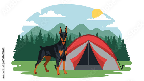 Flat vector illustration of a dog guarding a campsite, outdoor adventure pet scene with tent, forest, and calm protective mood