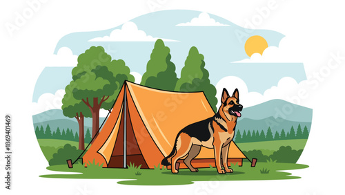 Flat vector illustration of a dog guarding a campsite, outdoor adventure pet scene with tent, forest, and calm protective mood