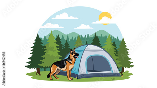 Flat vector illustration of a dog guarding a campsite, outdoor adventure pet scene with tent, forest, and calm protective mood