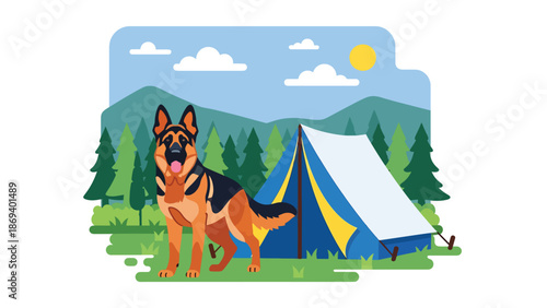 Flat vector illustration of a dog guarding a campsite, outdoor adventure pet scene with tent, forest, and calm protective mood