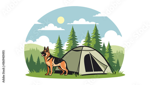 Flat vector illustration of a dog guarding a campsite, outdoor adventure pet scene with tent, forest, and calm protective mood
