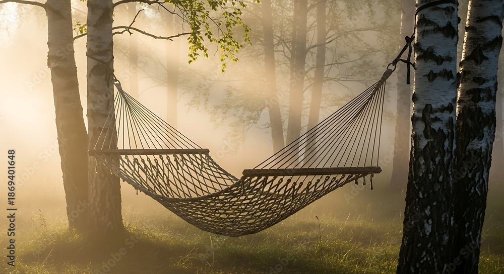 Fototapeta premium Peaceful relaxation in a hammock surrounded by misty woods and golden light.