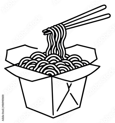 Line art illustration of noodles in a takeout box depicting chopsticks picking up food for asian cuisine