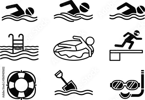 Swimming and water activity icon set featuring pool gear, safety equipment, beach tools, and aquatic sports 