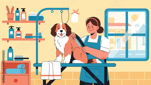 Vector illustration of a dog enjoying grooming time, pet care routine scene with brush and towel in clean flat solid color style