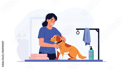 Vector illustration of a dog enjoying grooming time, pet care routine scene with brush and towel in clean flat solid color style