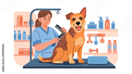 Vector illustration of a dog enjoying grooming time, pet care routine scene with brush and towel in clean flat solid color style