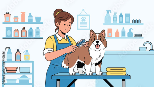 Vector illustration of a dog enjoying grooming time, pet care routine scene with brush and towel in clean flat solid color style