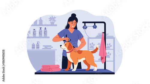 Vector illustration of a dog enjoying grooming time, pet care routine scene with brush and towel in clean flat solid color style
