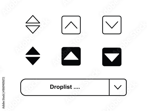 Dropdown Arrow UI Elements Set for User Interface Design, Expand and Collapse Navigation Controls, Minimal Line and Solid Style Buttons for Web and Mobile App, Dashboard, Software, and Interface