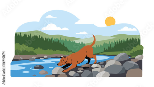 Vector illustration of a dog exploring rocks near a river, nature adventure pet scene with curiosity and outdoor exploration theme
