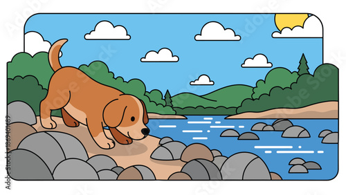 Vector illustration of a dog exploring rocks near a river, nature adventure pet scene with curiosity and outdoor exploration theme