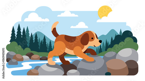 Vector illustration of a dog exploring rocks near a river, nature adventure pet scene with curiosity and outdoor exploration theme