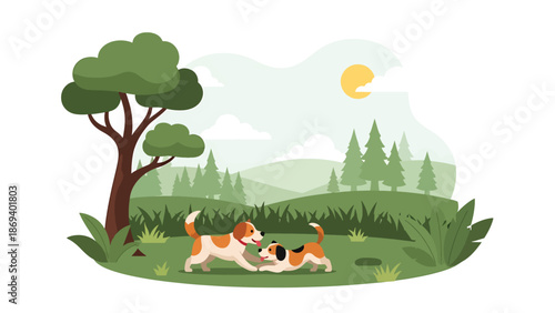 Vector illustration of dogs playing together in a park, social pet activity scene with friendly interaction, grass, and outdoor joy