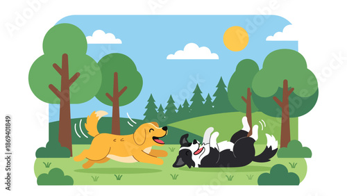 Vector illustration of dogs playing together in a park, social pet activity scene with friendly interaction, grass, and outdoor joy