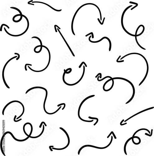 and drawn arrow set with crayon texture - curved and straight, spiral and wavy directional pointers for navigation or infographic design. Black sketchy marks on white bg for web and print projects.