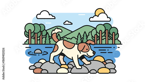 Vector illustration of a dog exploring rocks near a river, nature adventure pet scene with curiosity and outdoor exploration theme