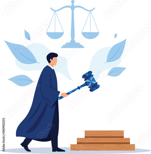 Male judge in a flowing dark blue robe walking while holding a large stylized gavel.
