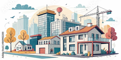 Architectural Real Estate and Urban City Development Concept Illustration, Modern Apartment Buildings and Housing Growth