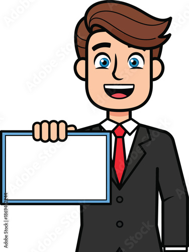 Smiling cartoon businessman in a black suit and red tie holding a blank white sign.