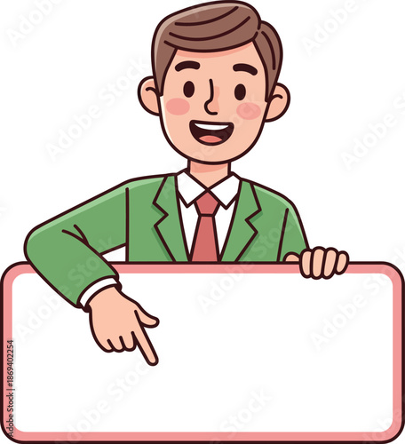 Smiling cartoon businessman in a green suit pointing at a blank white sign.