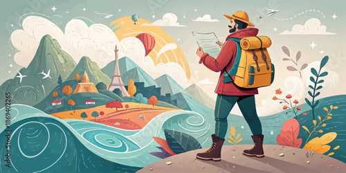 Stylized Travel Inspiration Illustration, Global Tourism Adventure Concept with World Landmarks and Vacation Planning