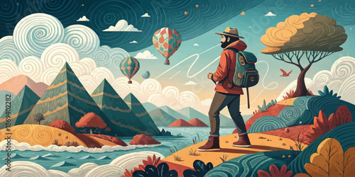 Global Travel and Tourism Adventure Illustration, Stylized Vacation Planning with International Landmarks and Flight Concept