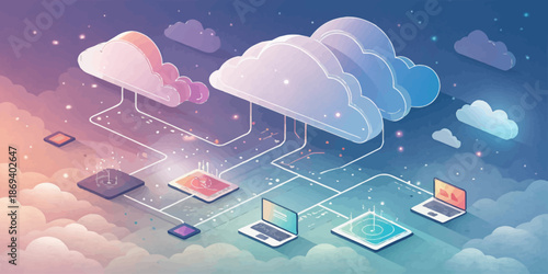 Modern Cloud Technology Illustration depicting Global Connectivity and Digital Information Networking Systems